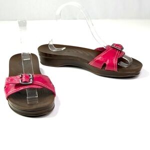 Dr. Scholl's classic slides dark pink laminated canvas slip-on sandals faux wood